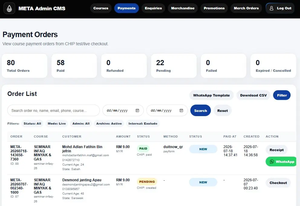 META course CMS and payment dashboard
