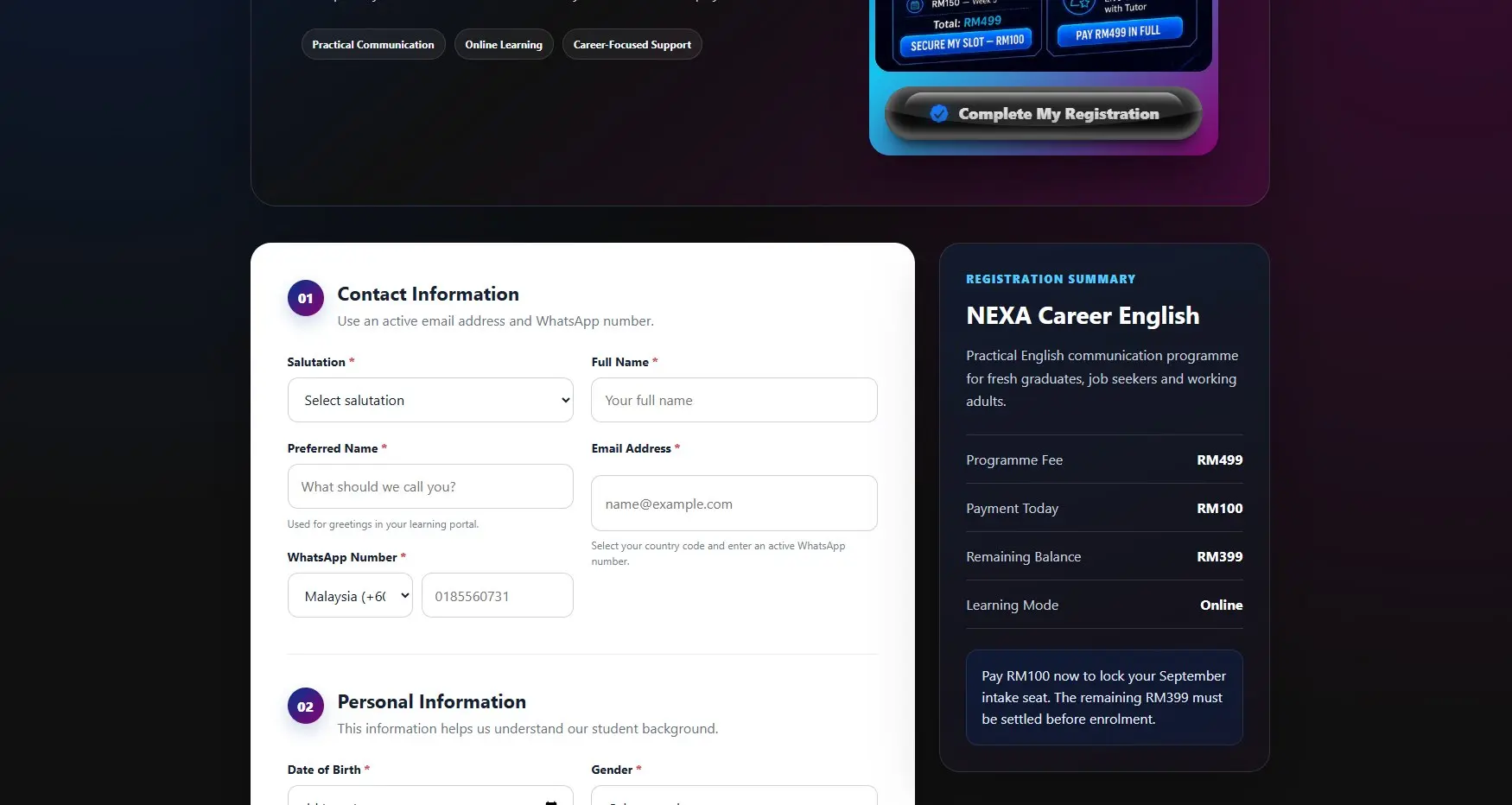 NEXA Academy course registration flow